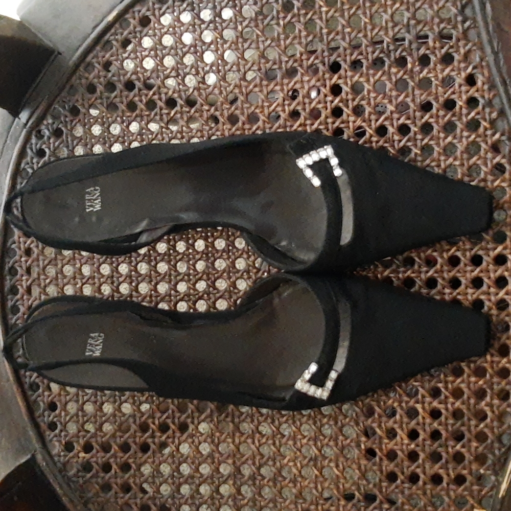 Vera Wang Dressy Sling Back Rhinestone Trimmed Black Silk Shoes Size 7½